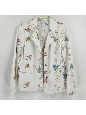 Susan Graver Floral Printed Button Front Jacket Blazer Women’s Large White